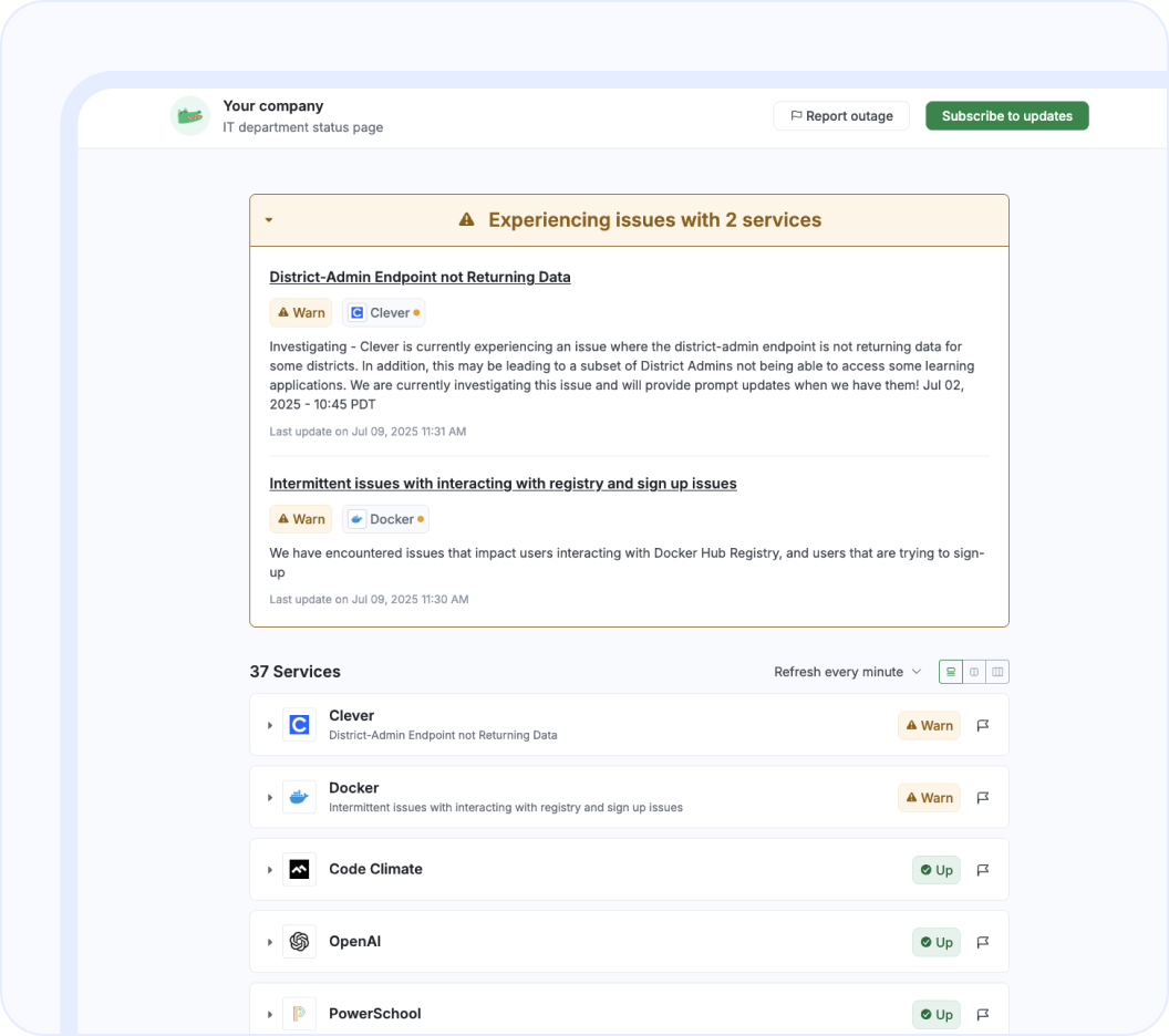 StatusGator cloud monitoring dashboard
